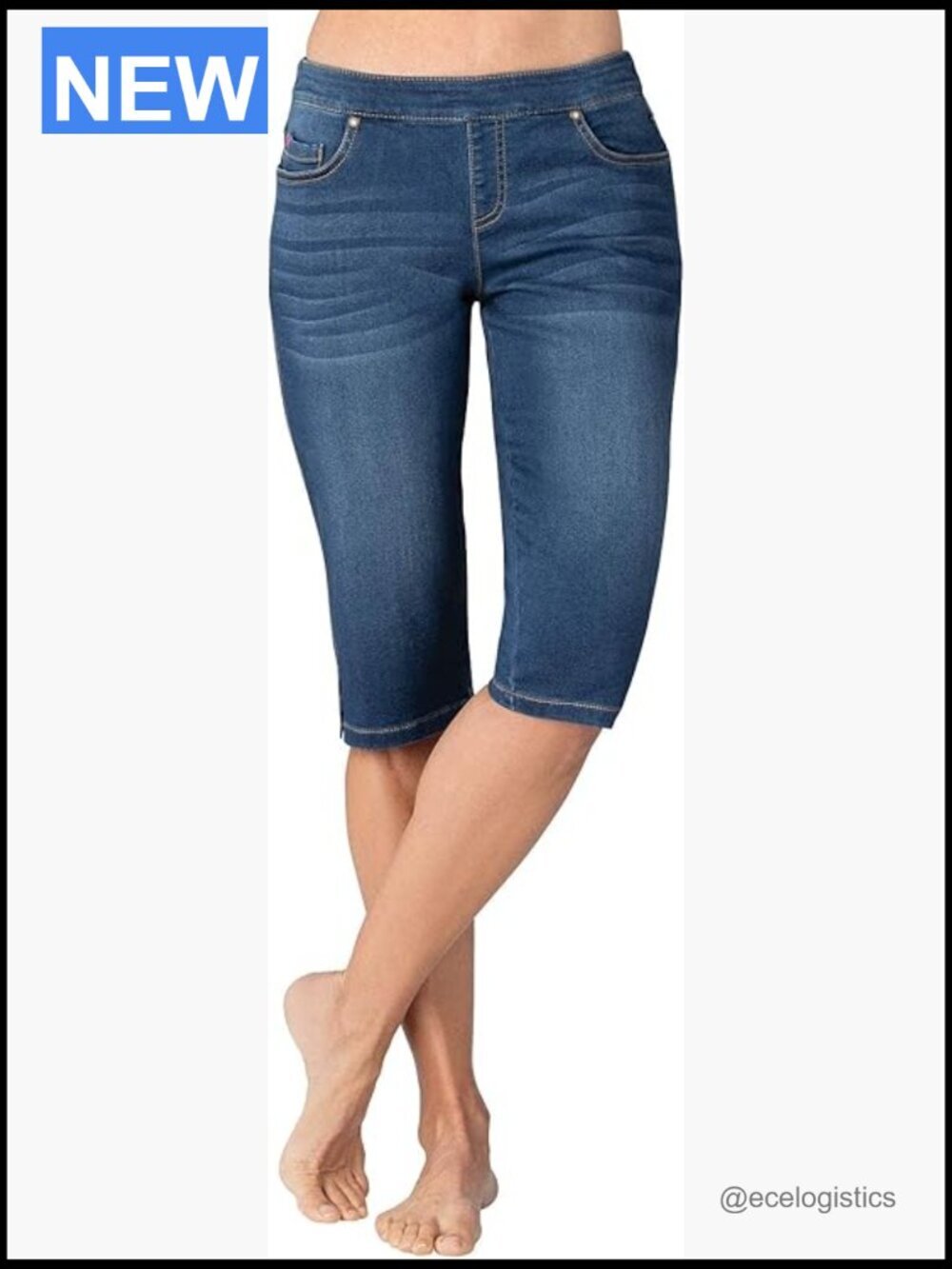 Bermuda Shorts with Pockets - Stretch Denim Pull-On - Knee Length